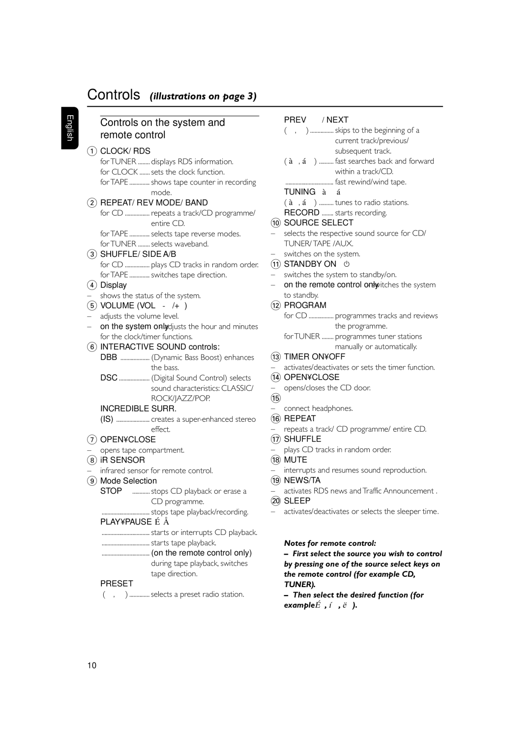 Philips MC270 user manual Controls on the system and remote control 