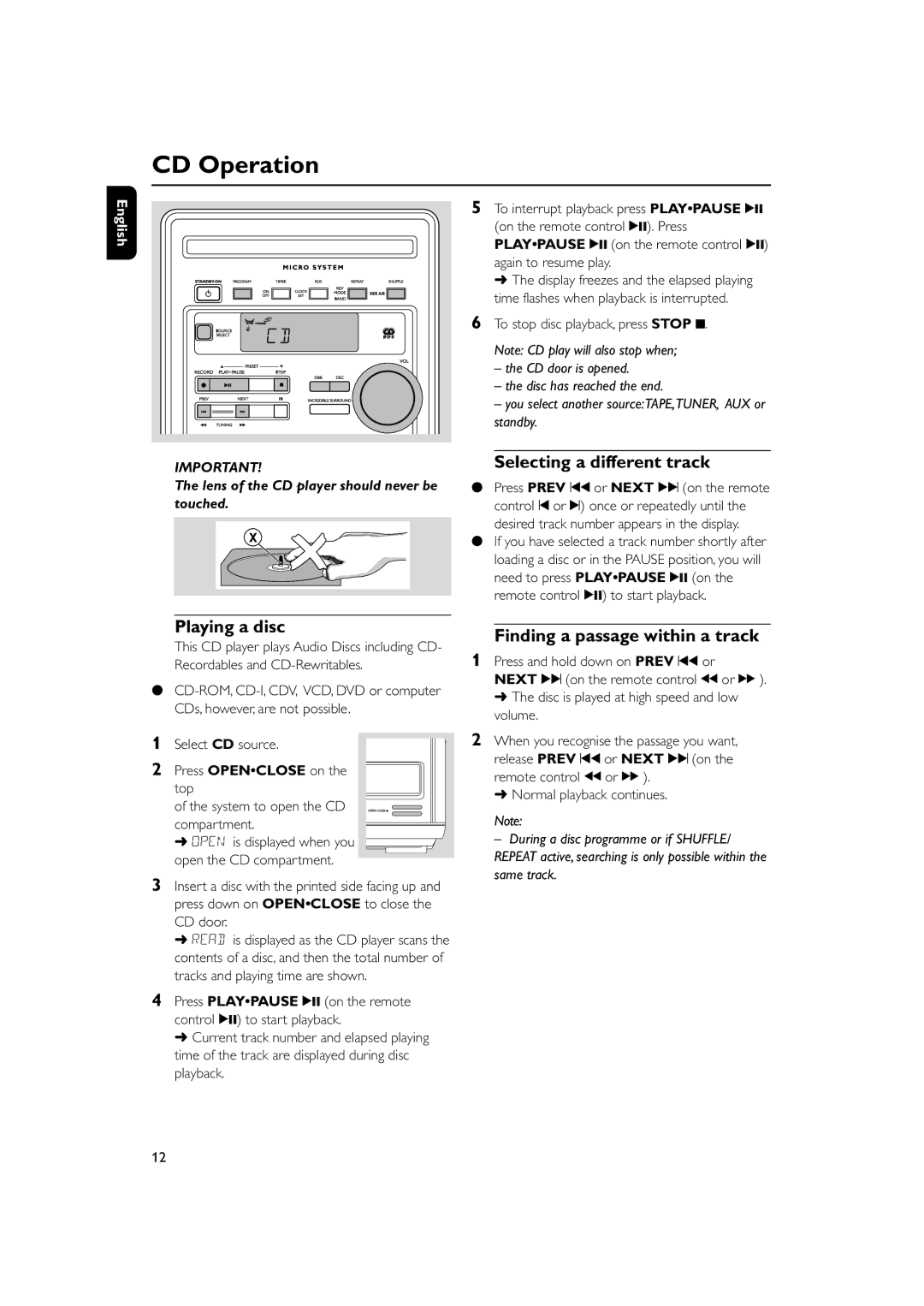 Philips MC270 user manual CD Operation, Selecting a different track, Playing a disc, Finding a passage within a track 