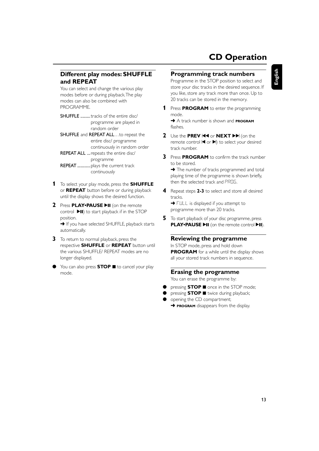 Philips MC270 user manual Different play modes Shuffle and Repeat, Programming track numbers, Reviewing the programme 