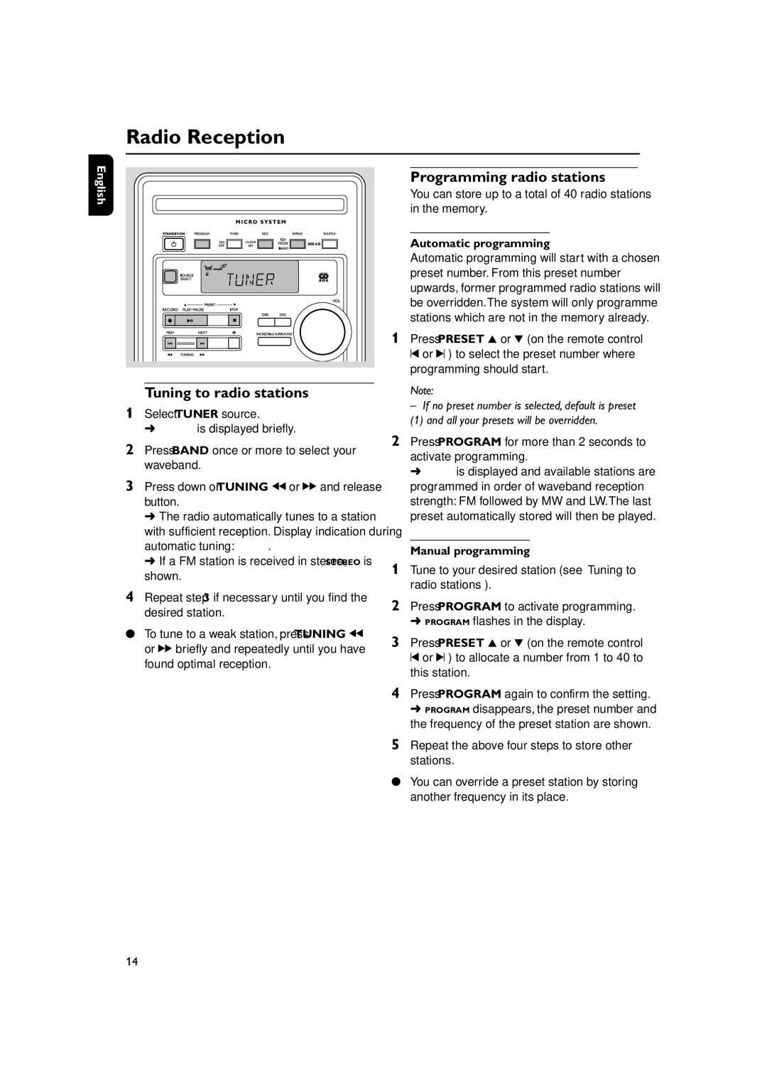 Philips MC270 user manual Radio Reception, Tuning to radio stations, Programming radio stations, Automatic programming 