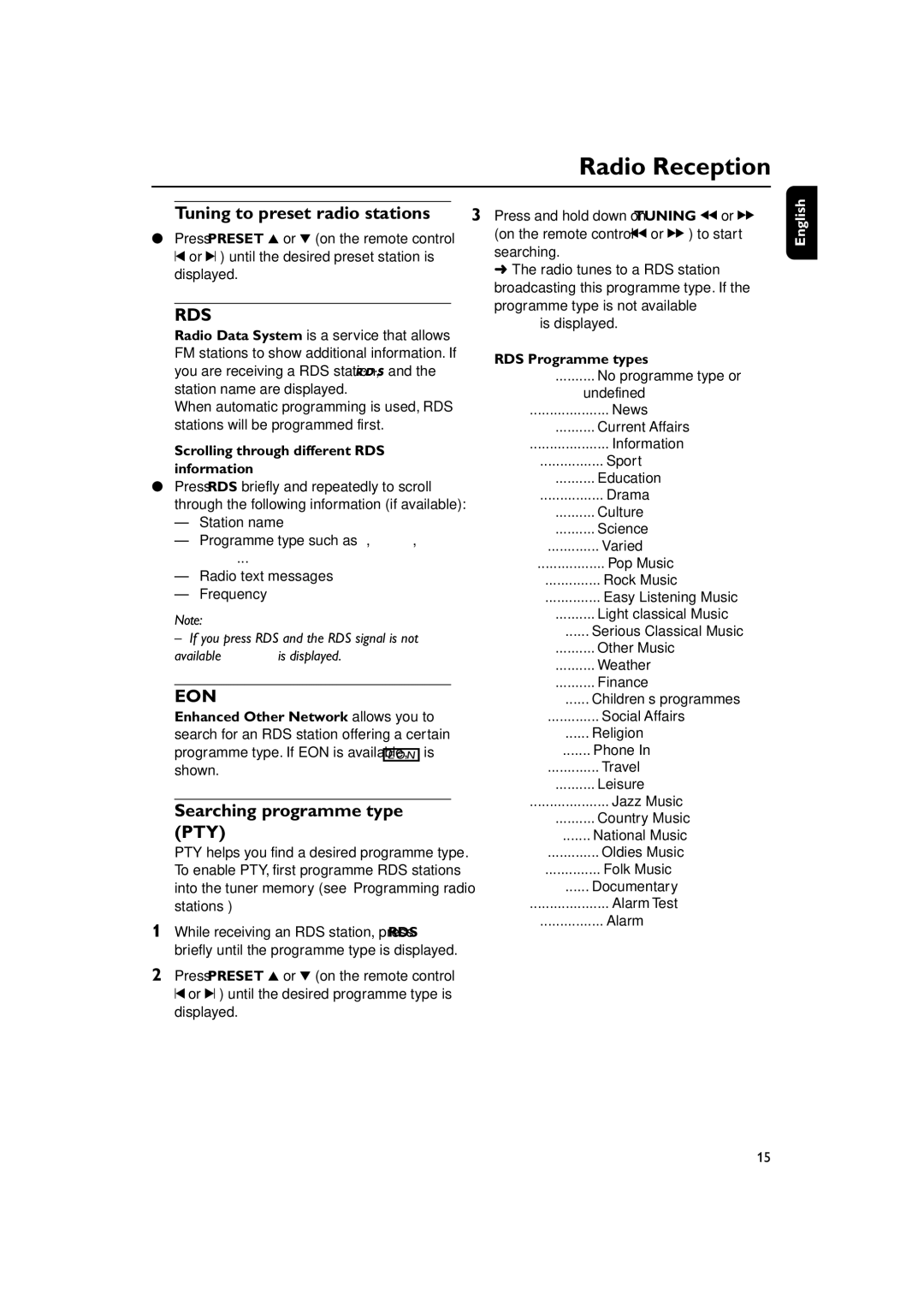 Philips MC270 Tuning to preset radio stations, Searching programme type PTY, Scrolling through different RDS information 