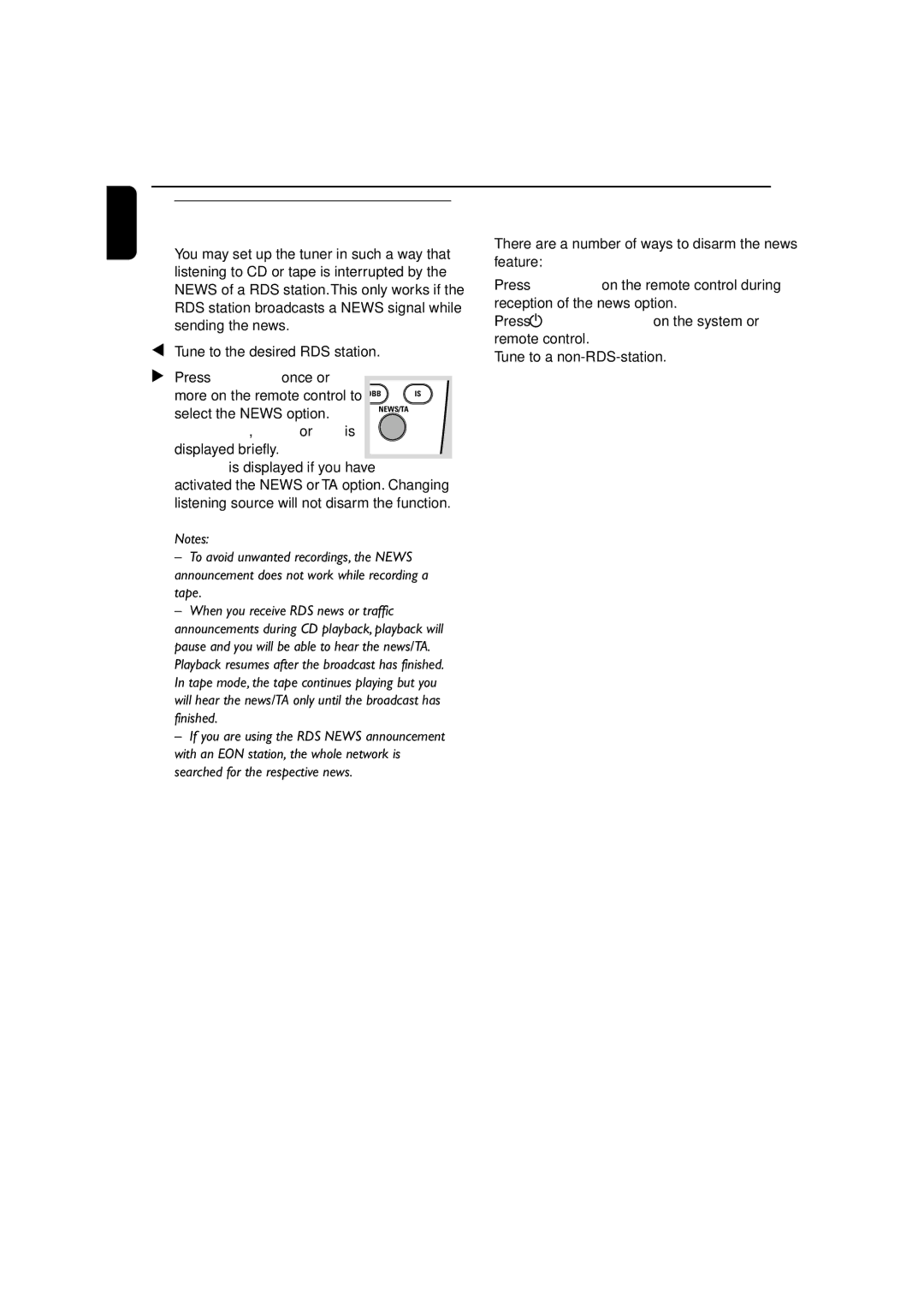 Philips MC270 RDS News and Traffic Announcement TA, Select the News option, Disarming RDS News and Traffic Announcement 