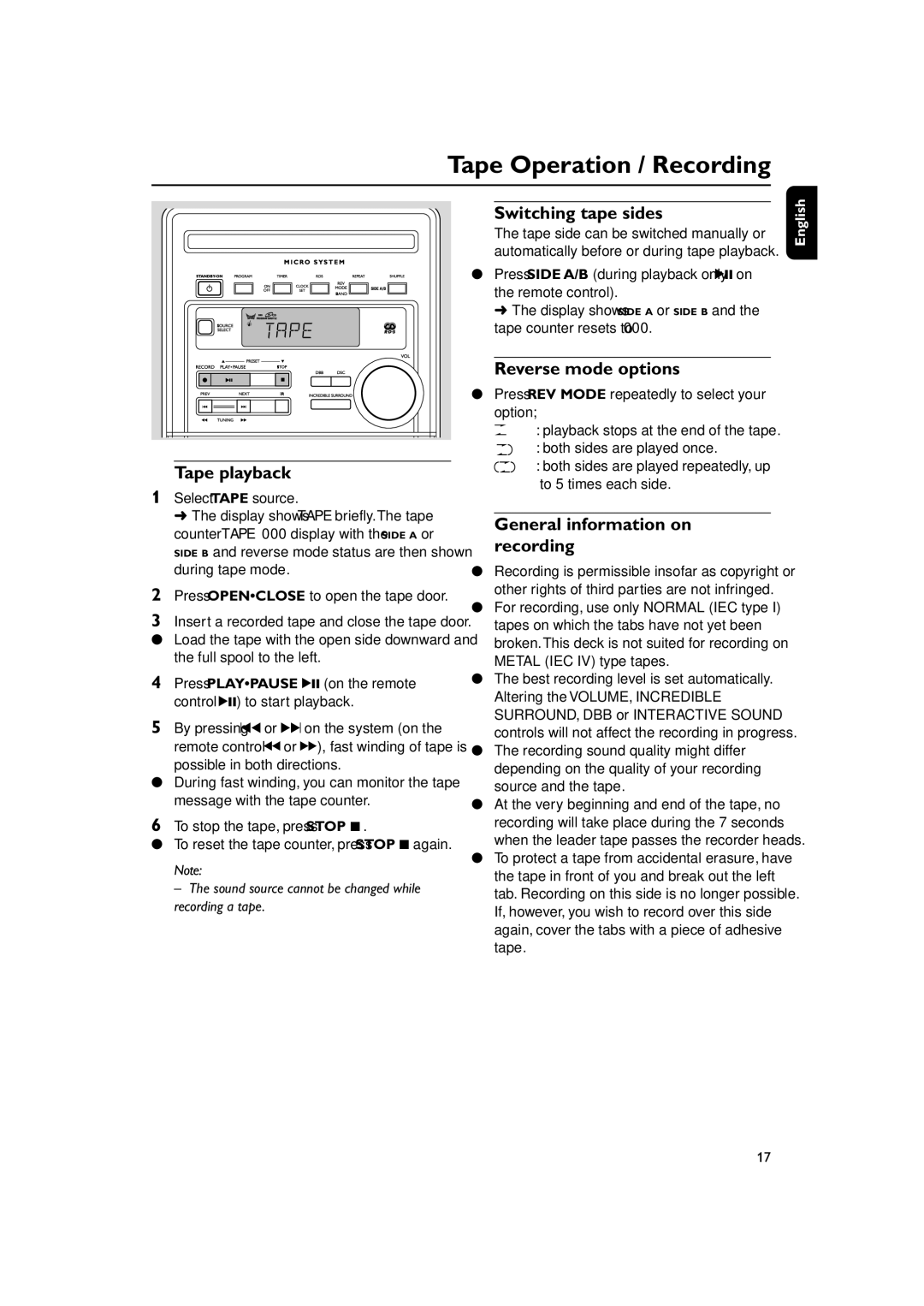 Philips MC270 user manual Tape Operation / Recording, Switching tape sides, Reverse mode options, Tape playback 