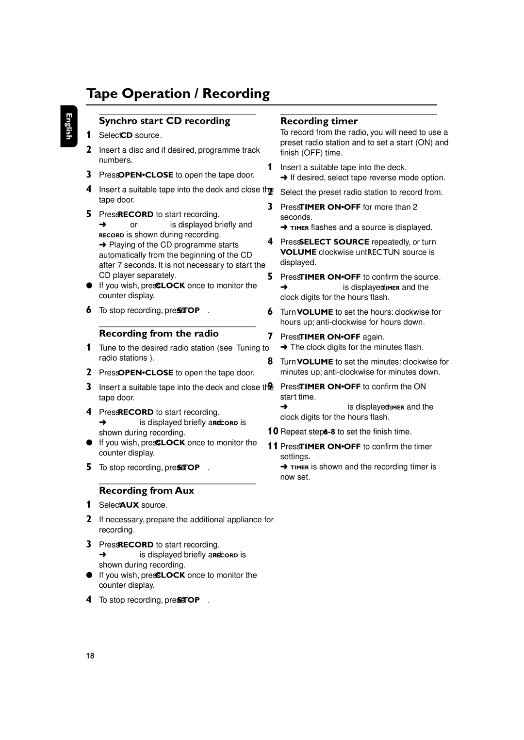 Philips MC270 user manual Recording timer, Press Timer Onoff again, Clock digits for the minutes flash 