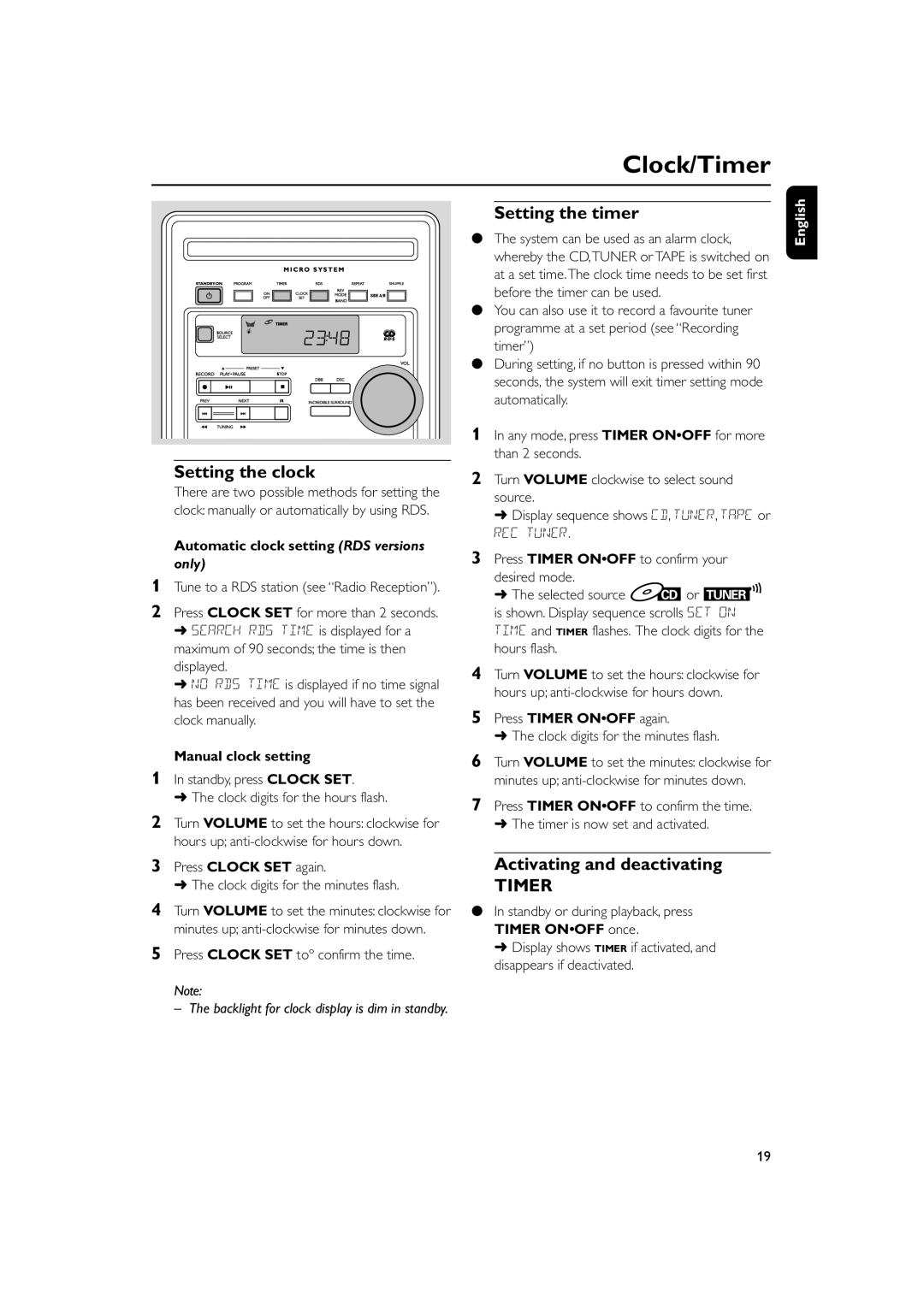 Philips MC270 user manual Clock/Timer, Setting the clock, Setting the timer, Activating and deactivating, Only 