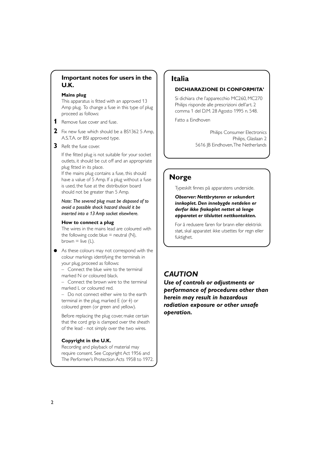 Philips MC270 user manual Important notes for users in the U.K, Mains plug, How to connect a plug, Copyright in the U.K 