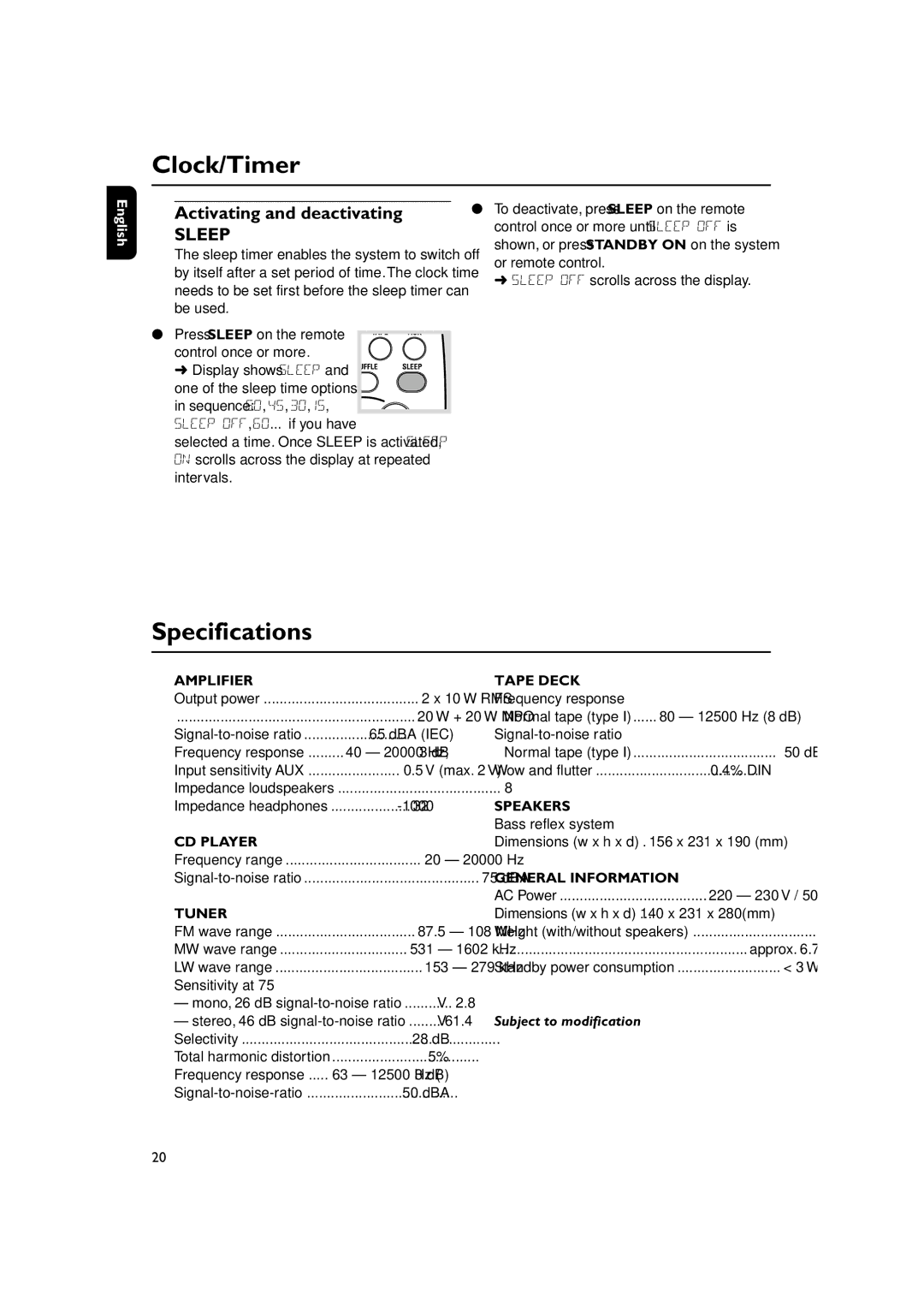 Philips MC270 user manual Specifications, Subject to modification 