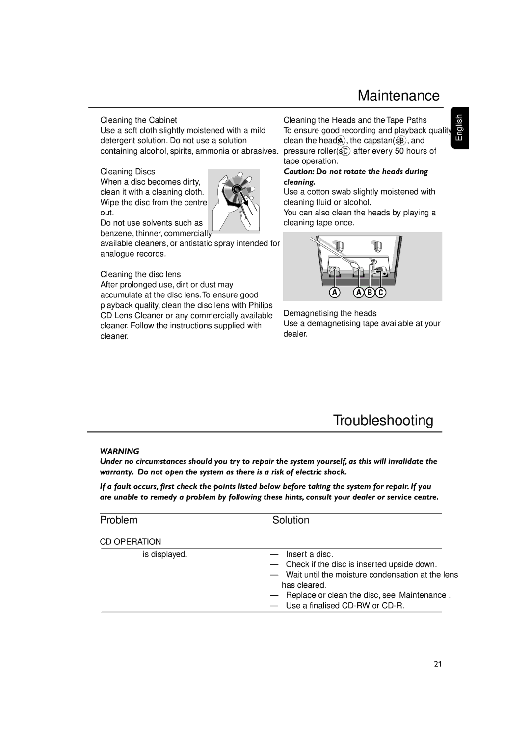 Philips MC270 user manual Maintenance, Troubleshooting, Problem Solution, B C, CD Operation 