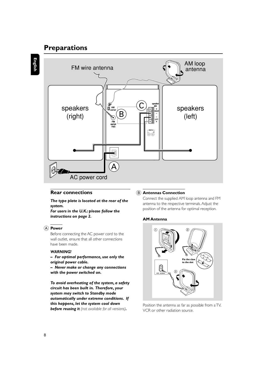 Philips MC270 user manual Preparations, Rear connections, For optimal performance, use only the original power cable 