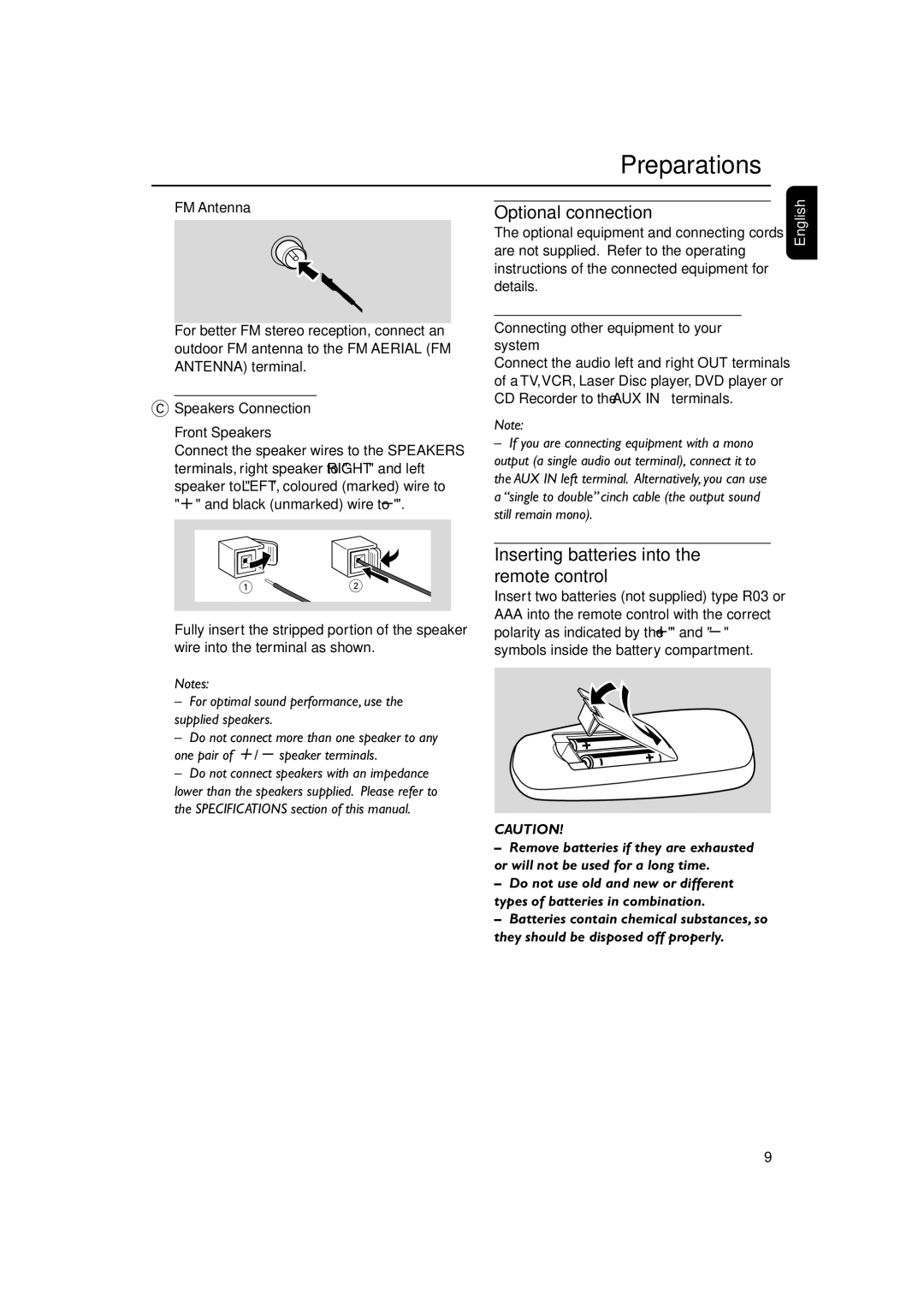 Philips MC270 user manual Optional connection, Inserting batteries into the remote control, FM Antenna 