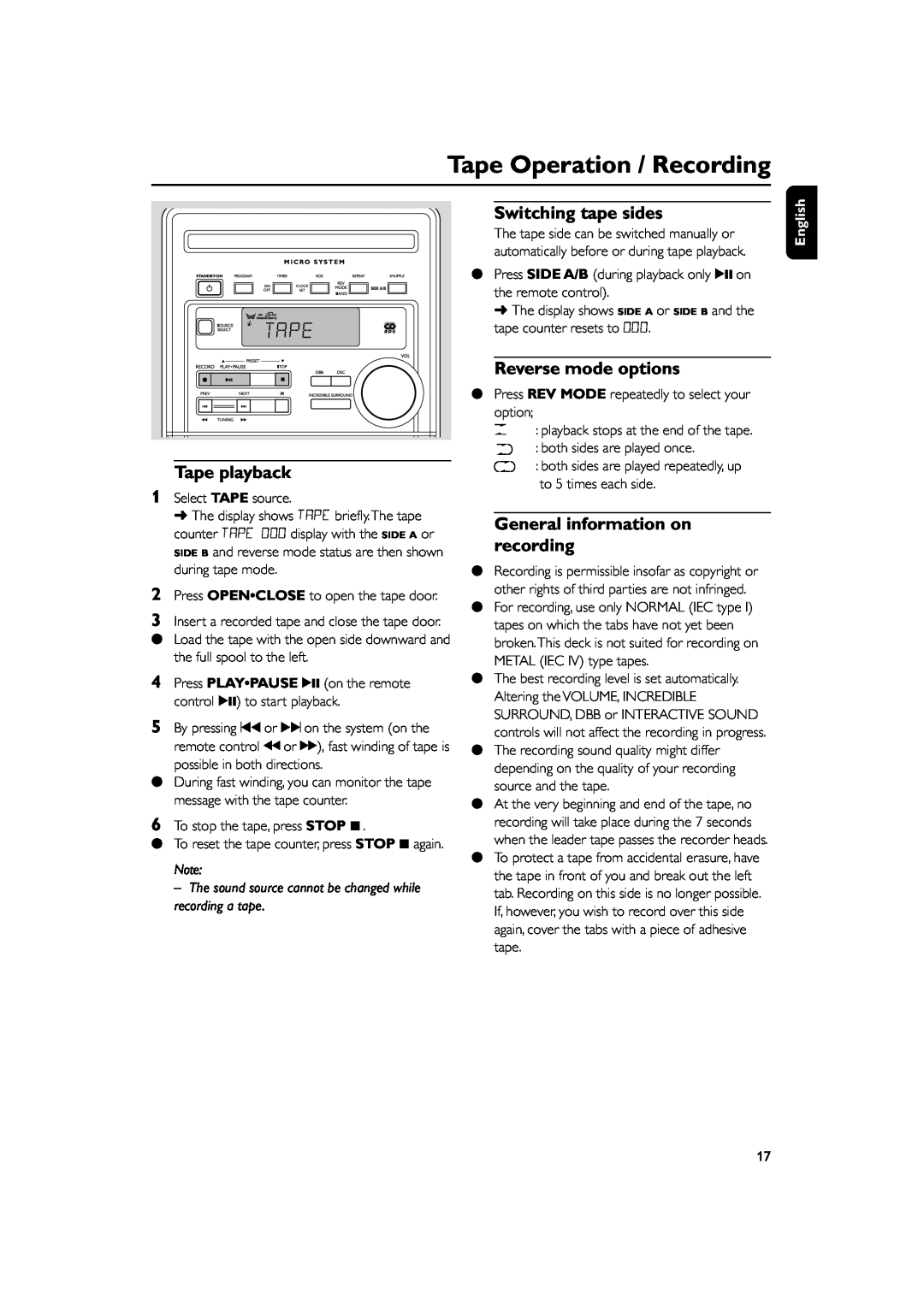 Philips MC270 user manual Tape Operation / Recording, Switching tape sides, Reverse mode options, Tape playback, English 