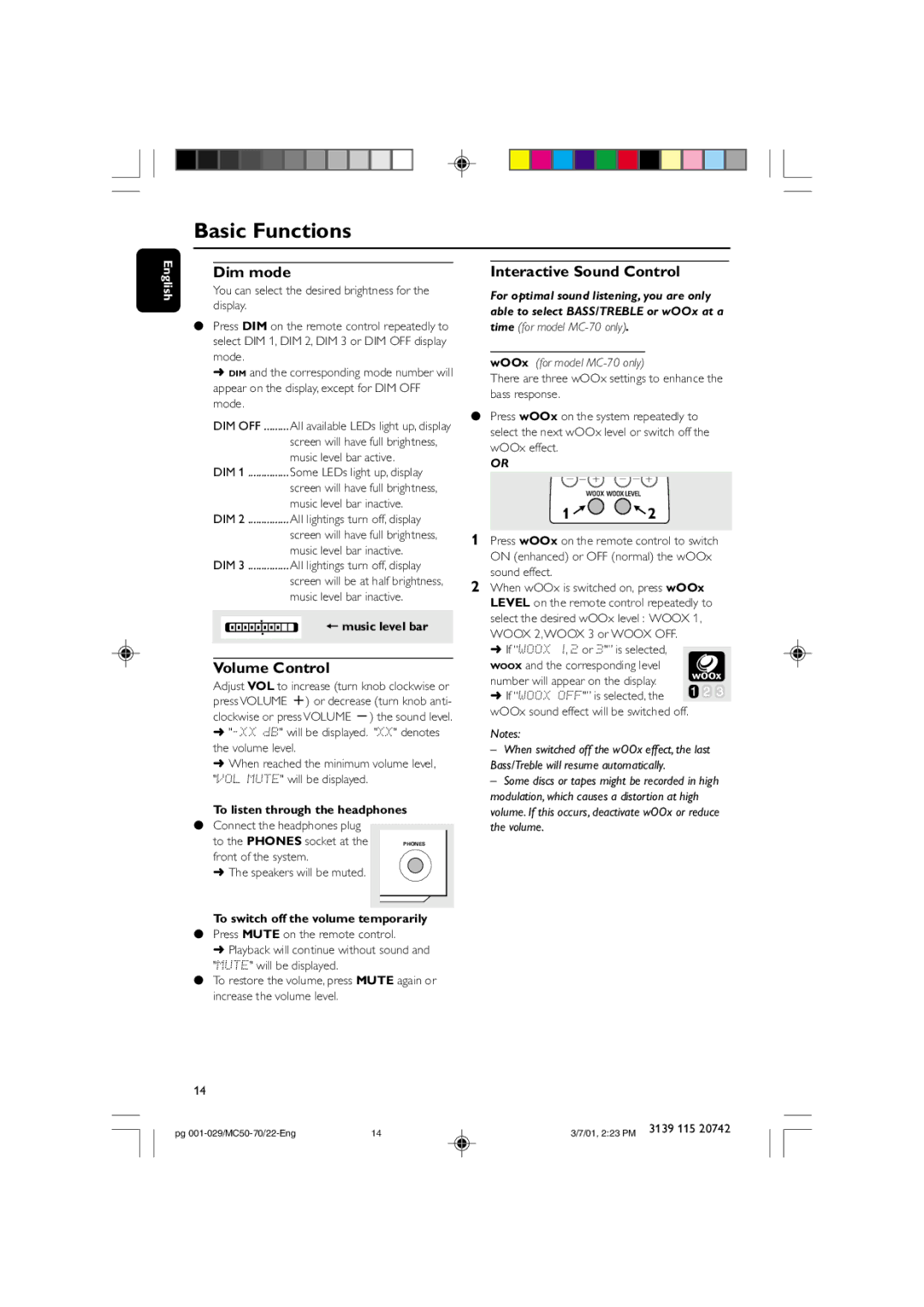 Philips MC50-70 manual Dim mode, Volume Control, Interactive Sound Control 