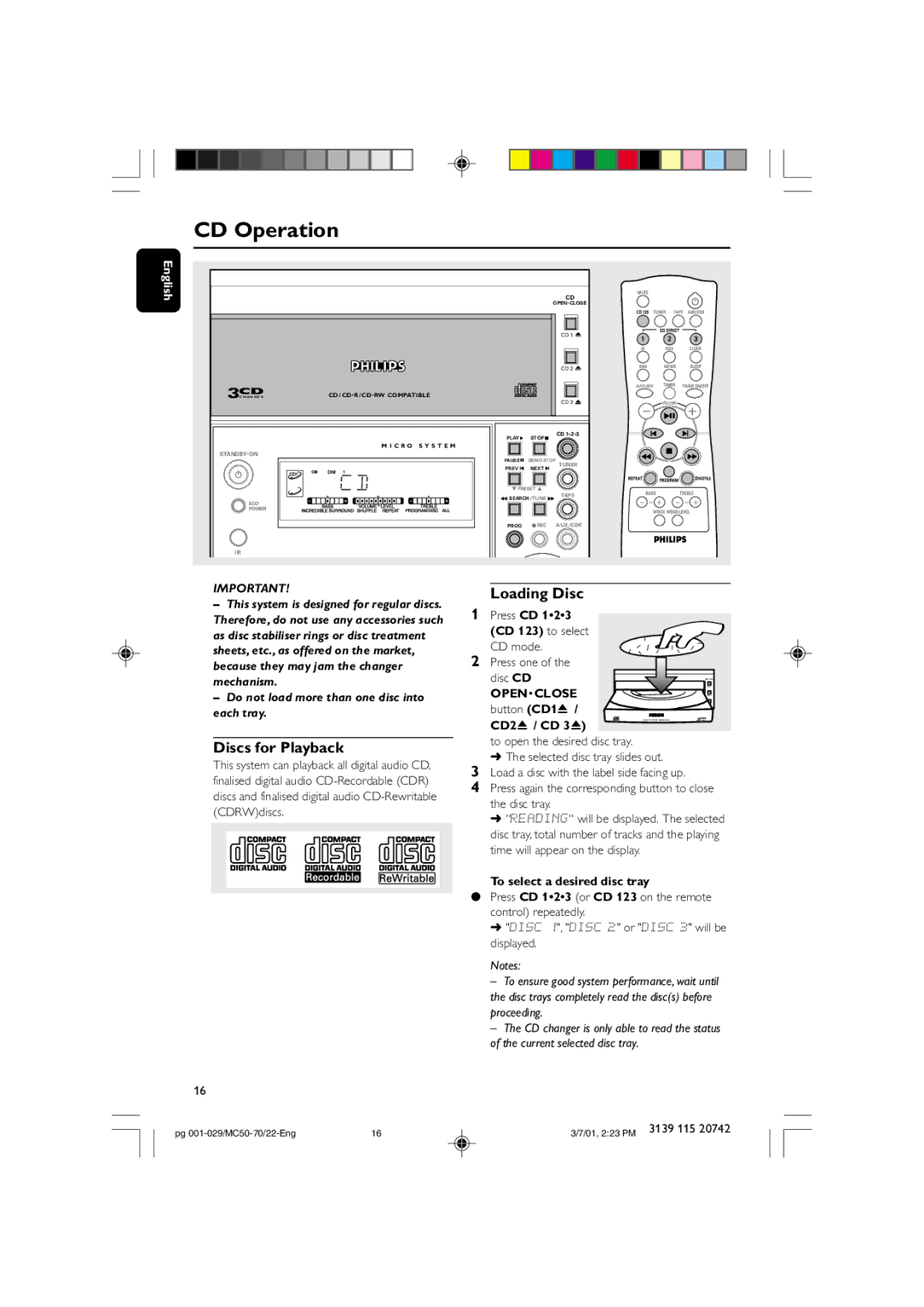 Philips MC50-70 manual CD Operation, Discs for Playback 