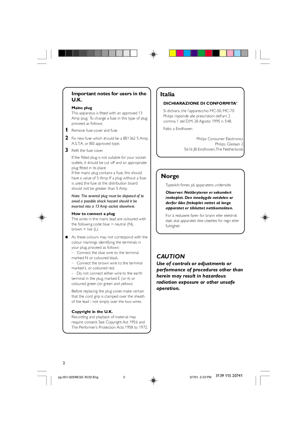 Philips MC50-70 manual Important notes for users in the U.K, Mains plug, How to connect a plug, Copyright in the U.K 