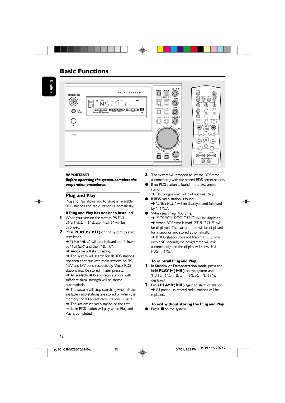 Philips MC50-70 manual Basic Functions, To reinstall Plug and Play, English 