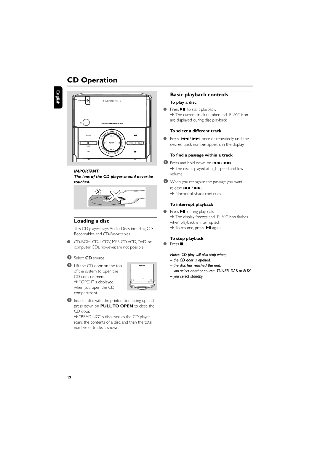 Philips MCB146 user manual CD Operation, Loading a disc, Basic playback controls 