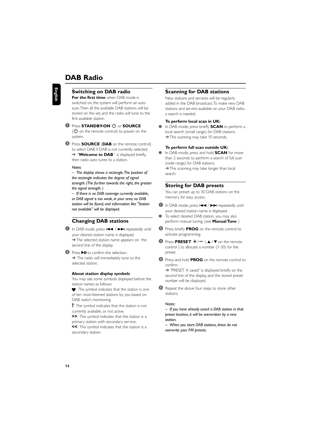 Philips MCB146 user manual DAB Radio, Switching on DAB radio, Changing DAB stations, Scanning for DAB stations 