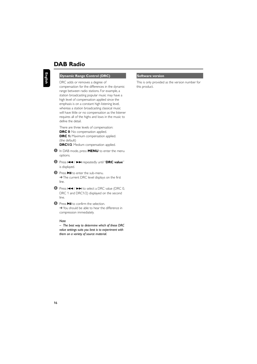 Philips MCB146 user manual Dynamic Range Control DRC Software version 