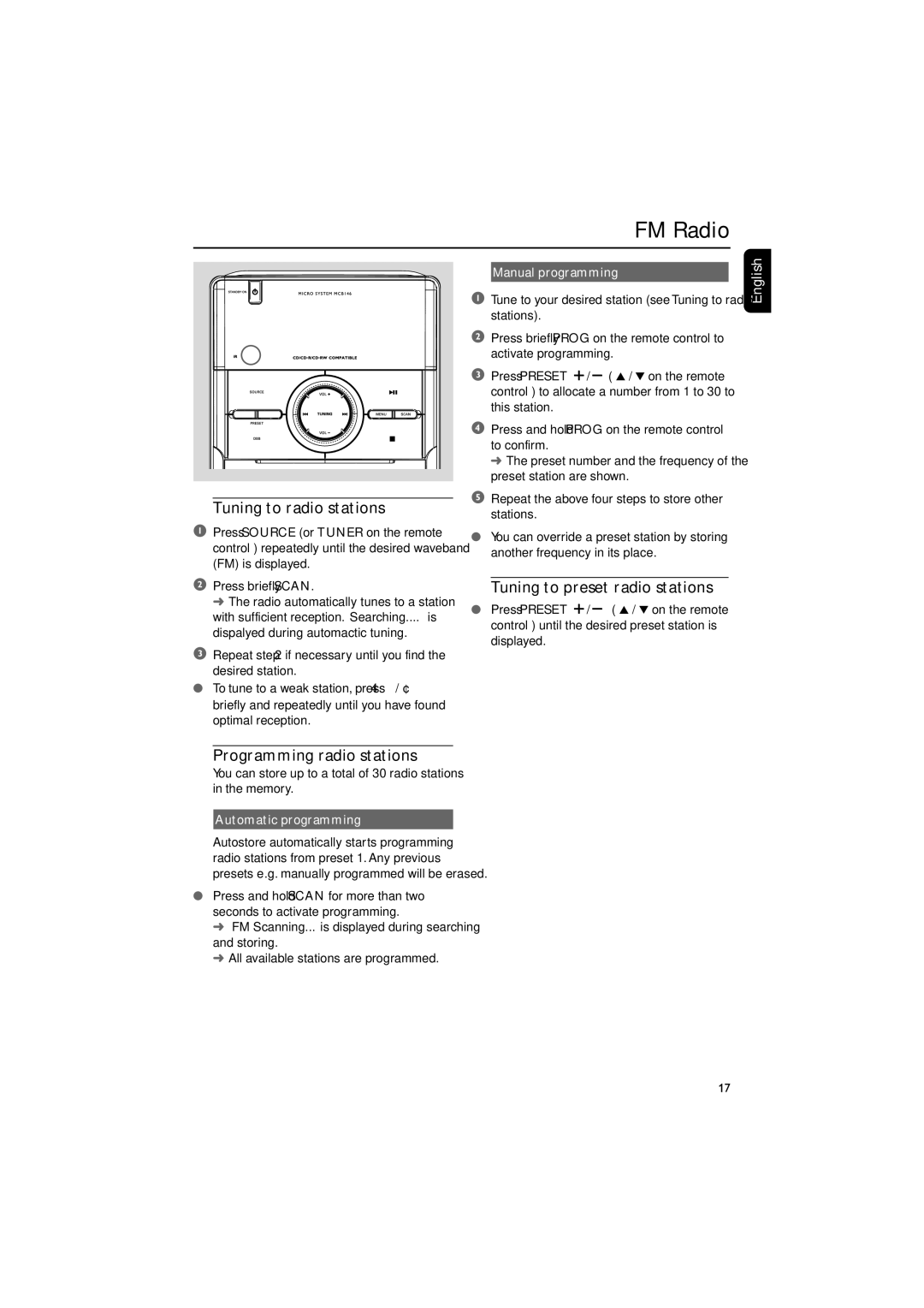 Philips MCB146 user manual FM Radio, Tuning to radio stations, Tuning to preset radio stations, Programming radio stations 