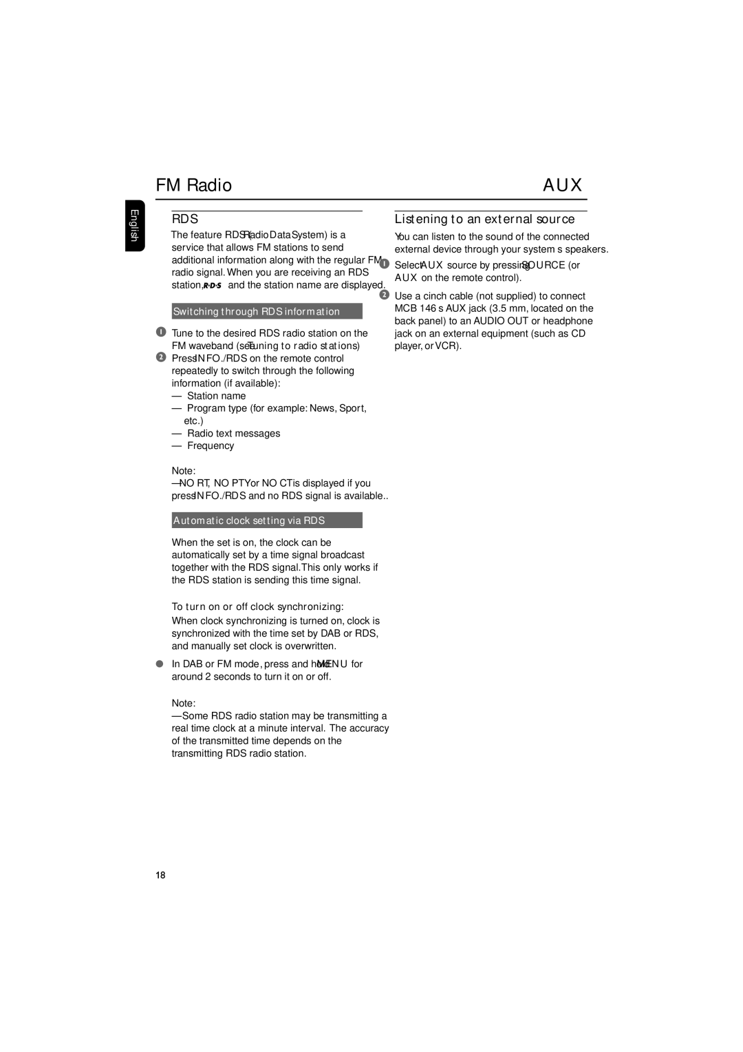 Philips MCB146 Listening to an external source, Switching through RDS information, Automatic clock setting via RDS 