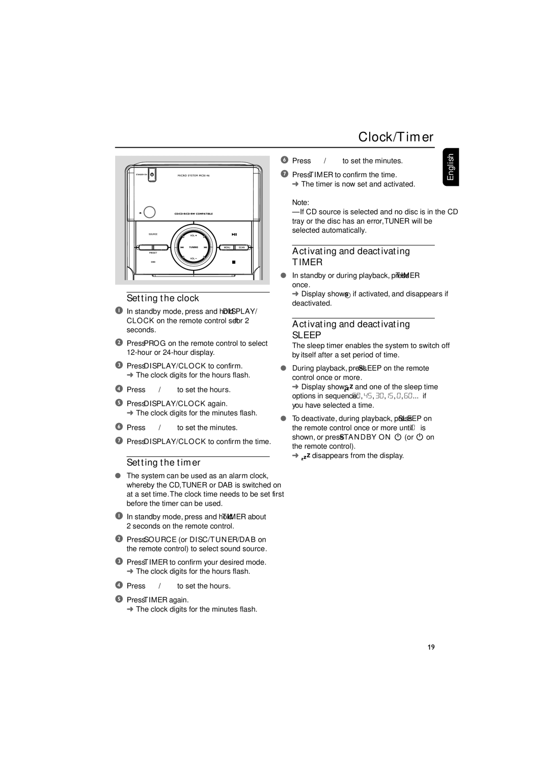 Philips MCB146 Clock/Timer, Setting the clock, Setting the timer, Activating and deactivating, Press DISPLAY/CLOCK again 