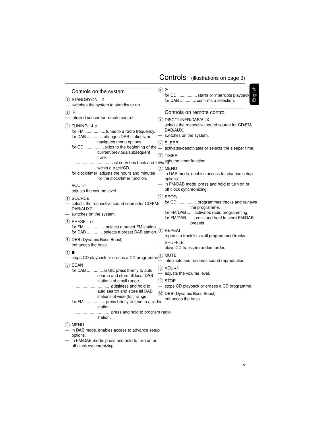 Philips MCB146 user manual Controls on the system, Controls on remote control 