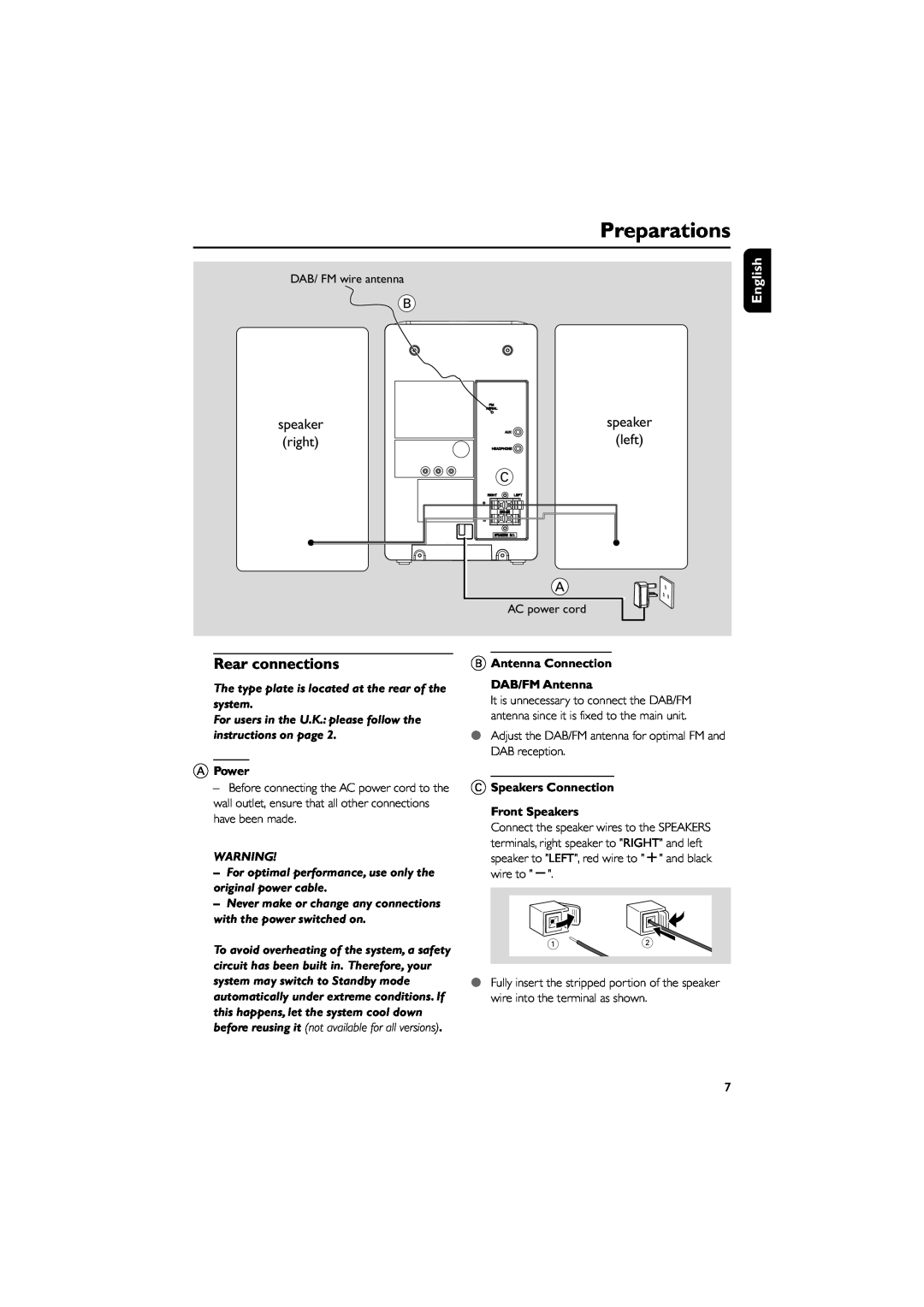 Philips MCB146 user manual Preparations, Rear connections, APower, BAntenna Connection DAB/FM Antenna, right, left, English 