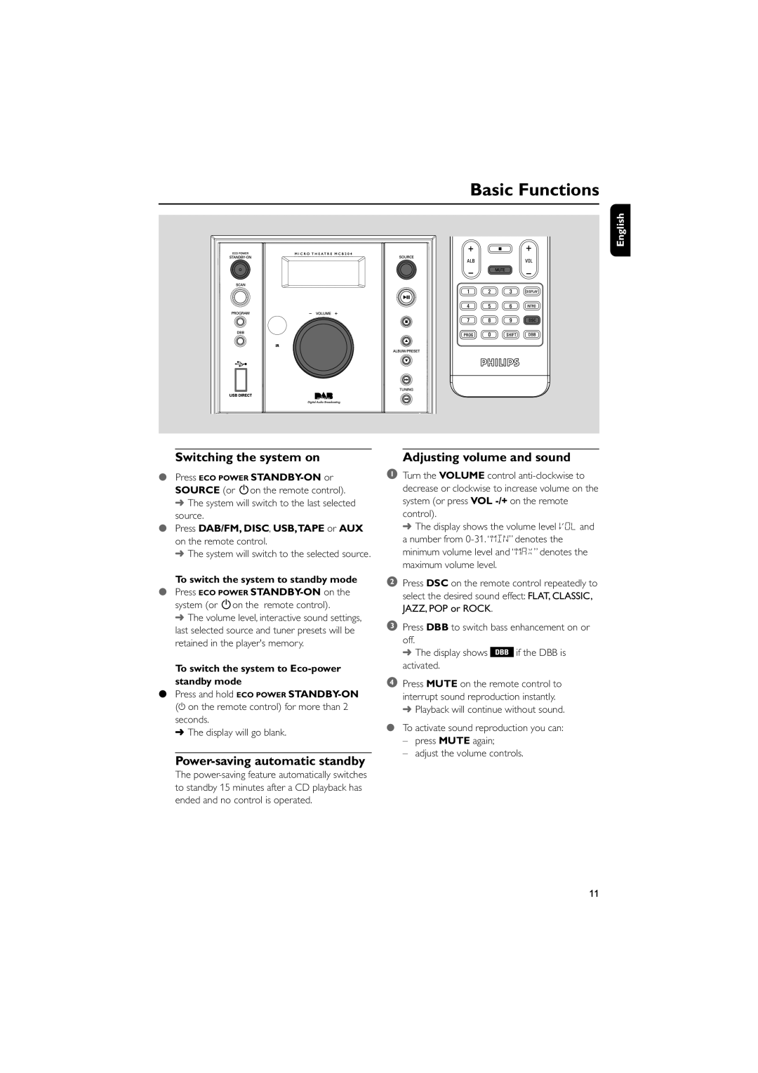 Philips MCB204 Basic Functions, Switching the system on, Power-saving automatic standby, Adjusting volume and sound 