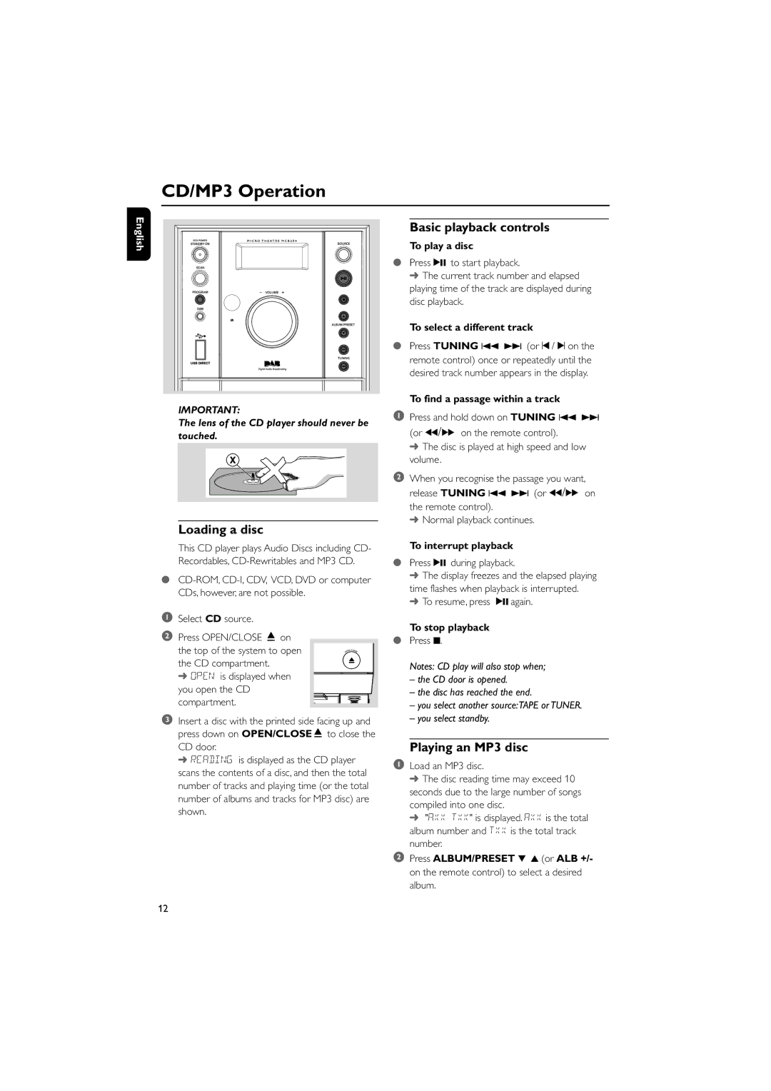 Philips MCB204 user manual CD/MP3 Operation, Loading a disc, Basic playback controls, Playing an MP3 disc 