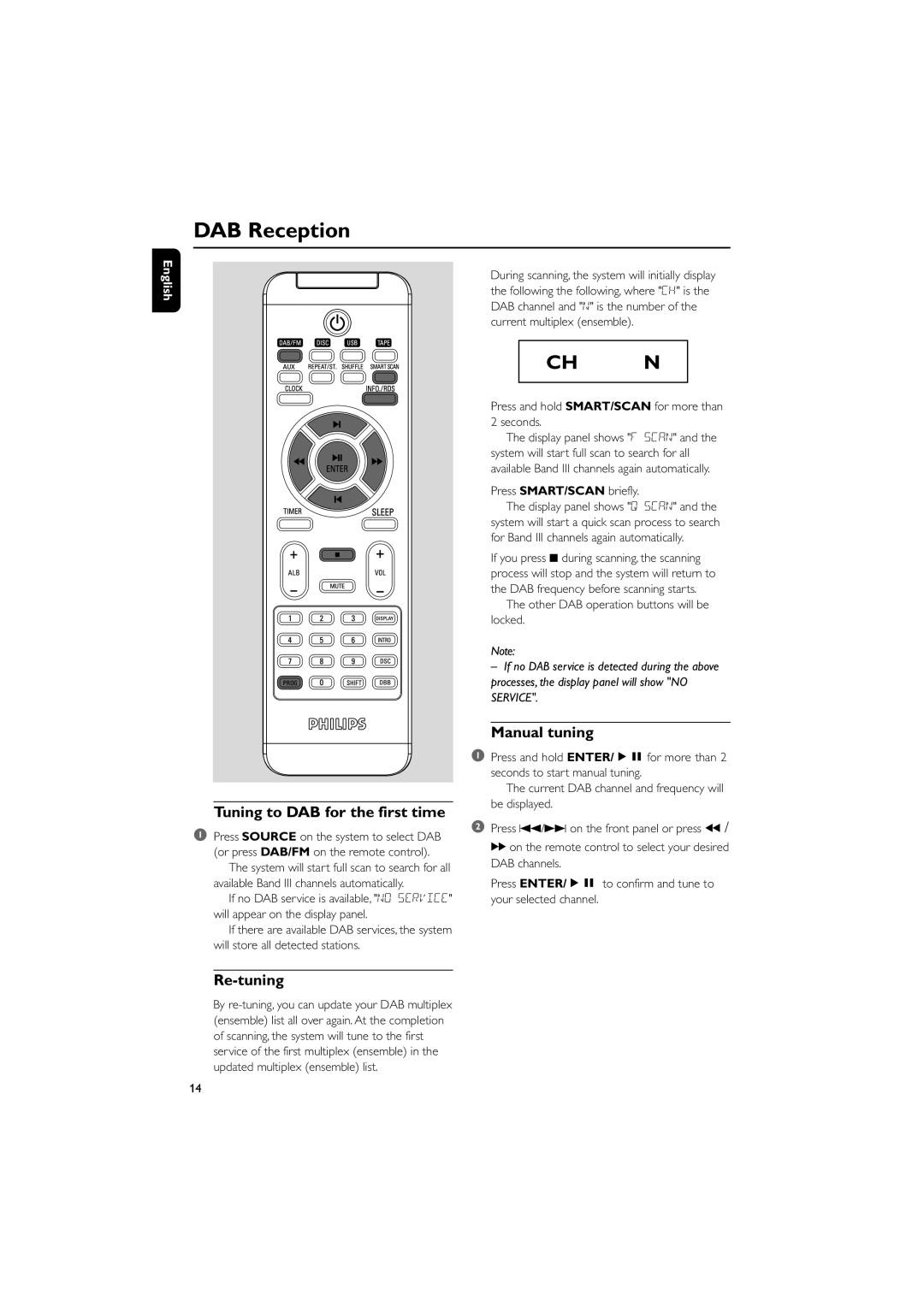 Philips MCB204 user manual DAB Reception, Tuning to DAB for the first time, Re-tuning, Manual tuning 