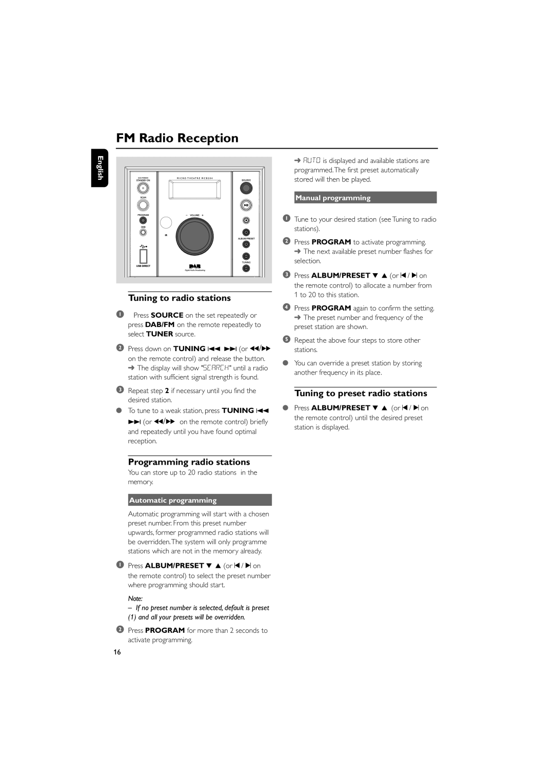 Philips MCB204 FM Radio Reception, Tuning to radio stations, Tuning to preset radio stations, Programming radio stations 