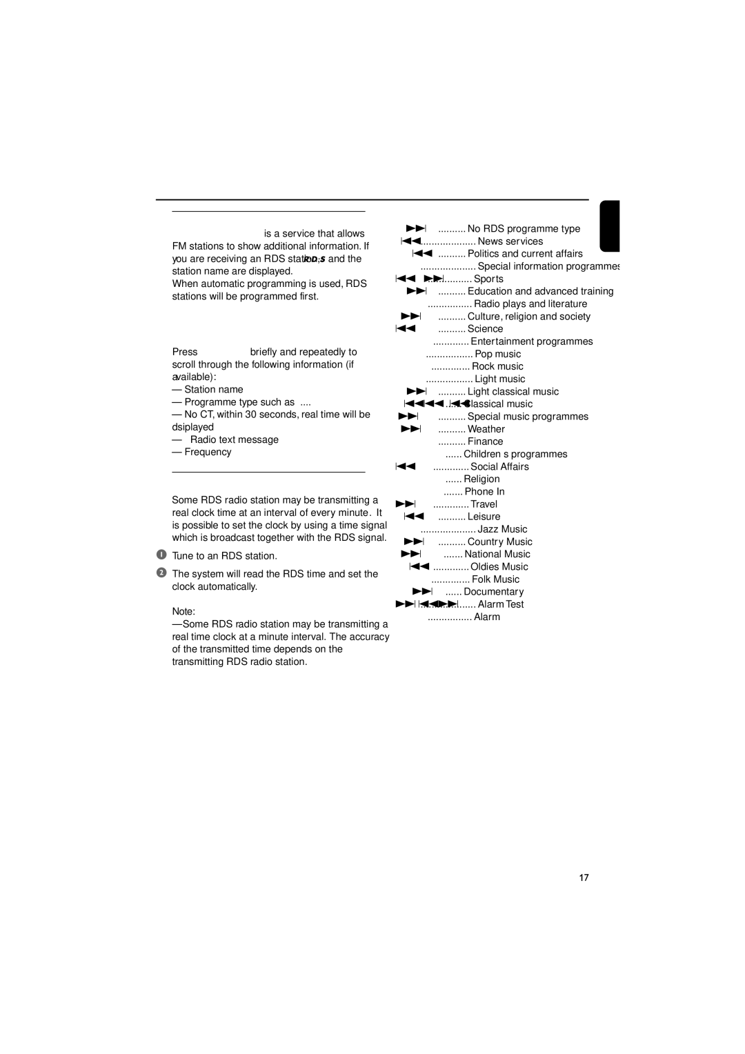 Philips MCB204 user manual Setting the RDS clock, Scrolling through different RDS information, RDS Programme types 