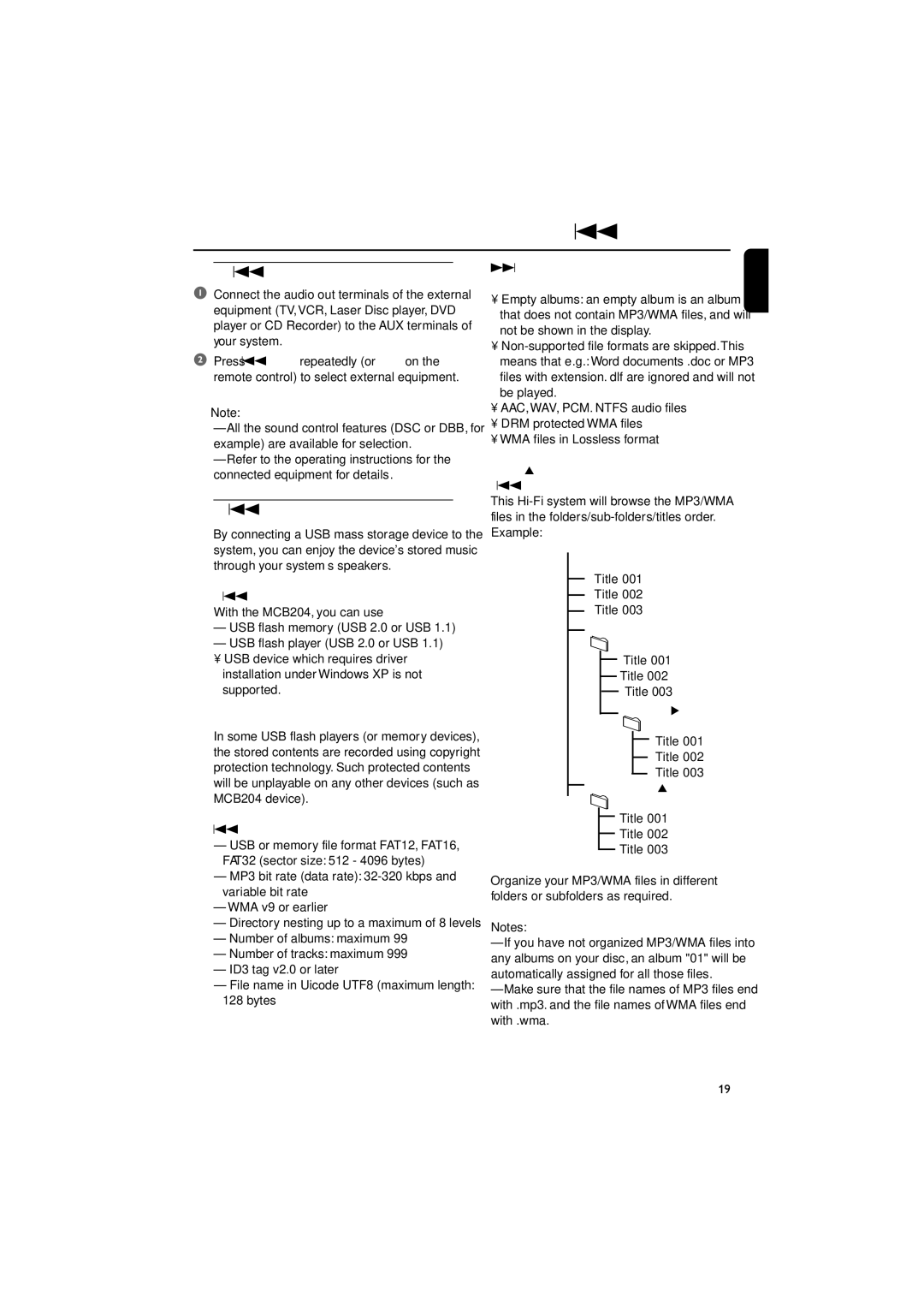 Philips MCB204 user manual External Sources, Using a non-USB device, Using a USB mass storage device 