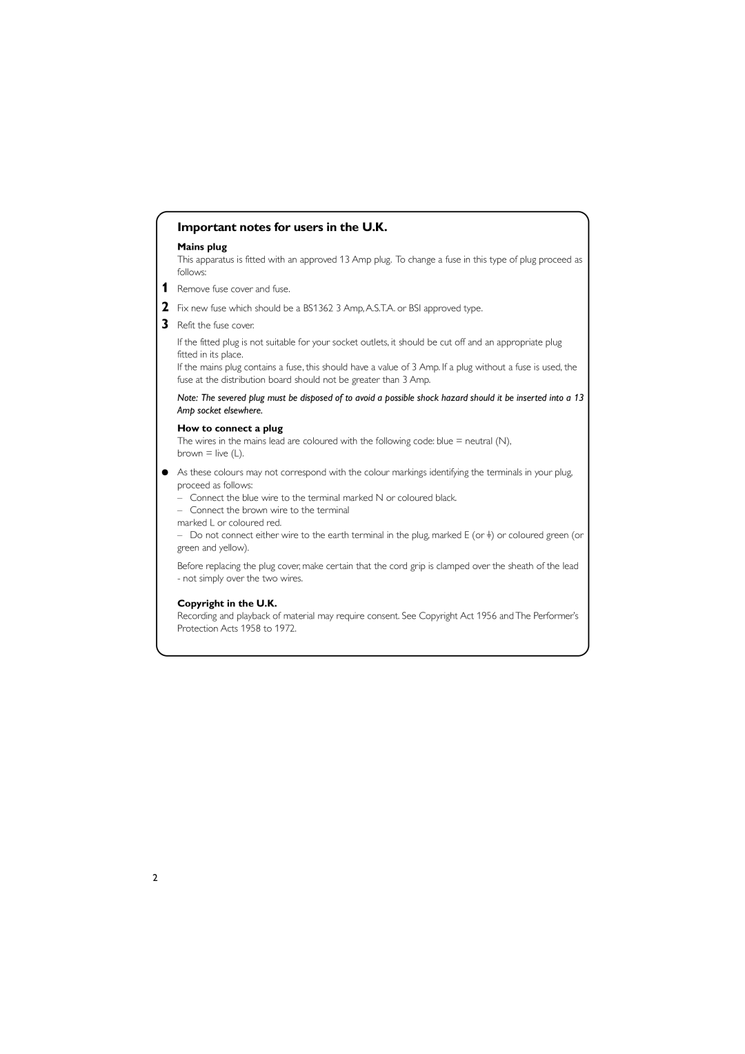 Philips MCB204 user manual Important notes for users in the U.K, Mains plug, How to connect a plug, Copyright in the U.K 