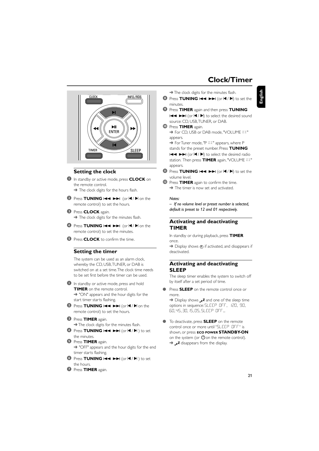 Philips MCB204 user manual Clock/Timer, Setting the clock, Setting the timer, Activating and deactivating 