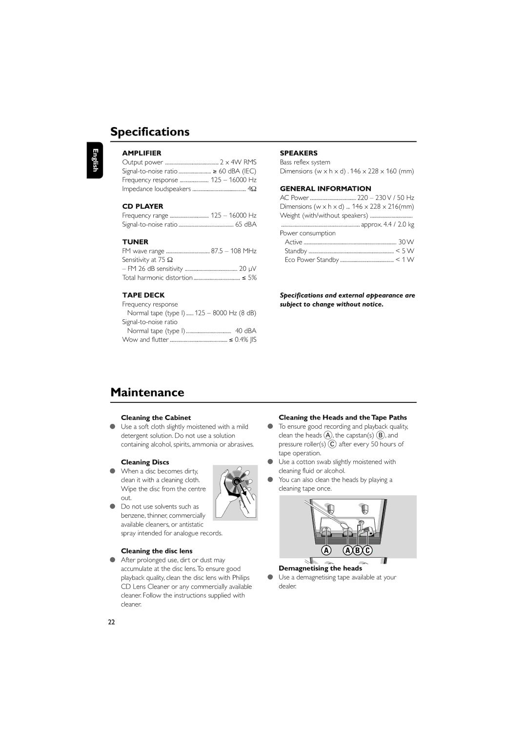 Philips MCB204 user manual Specifications, Maintenance 