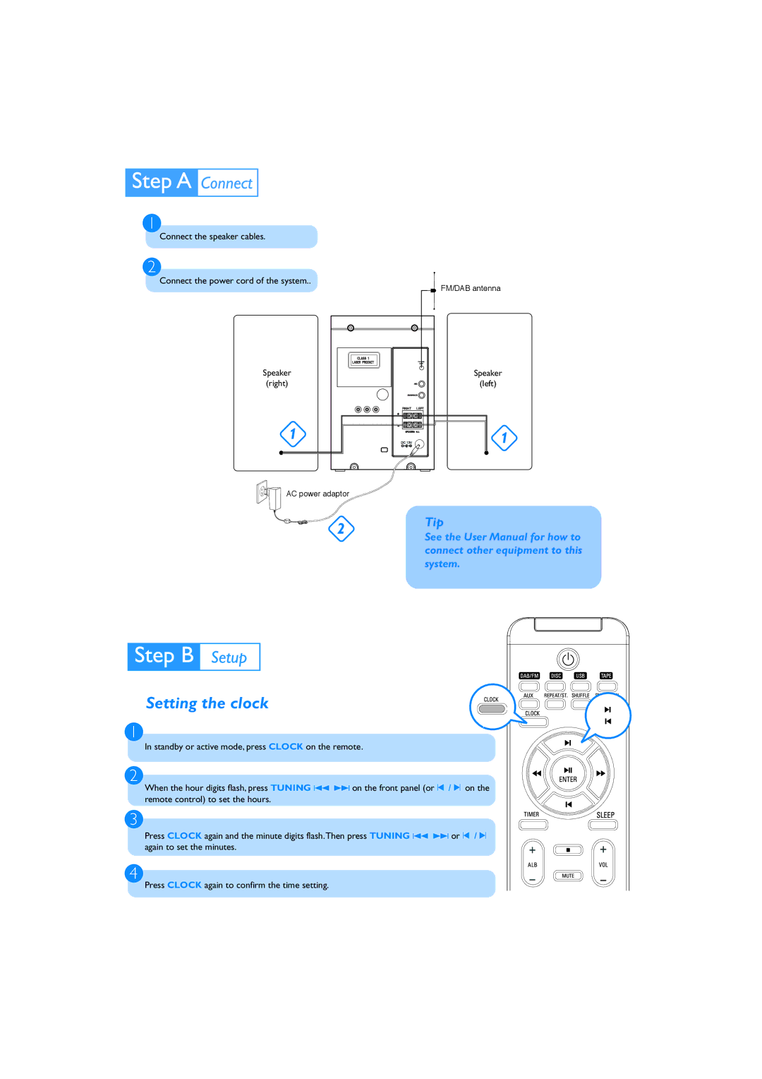 Philips MCB204 quick start Setting the clock 