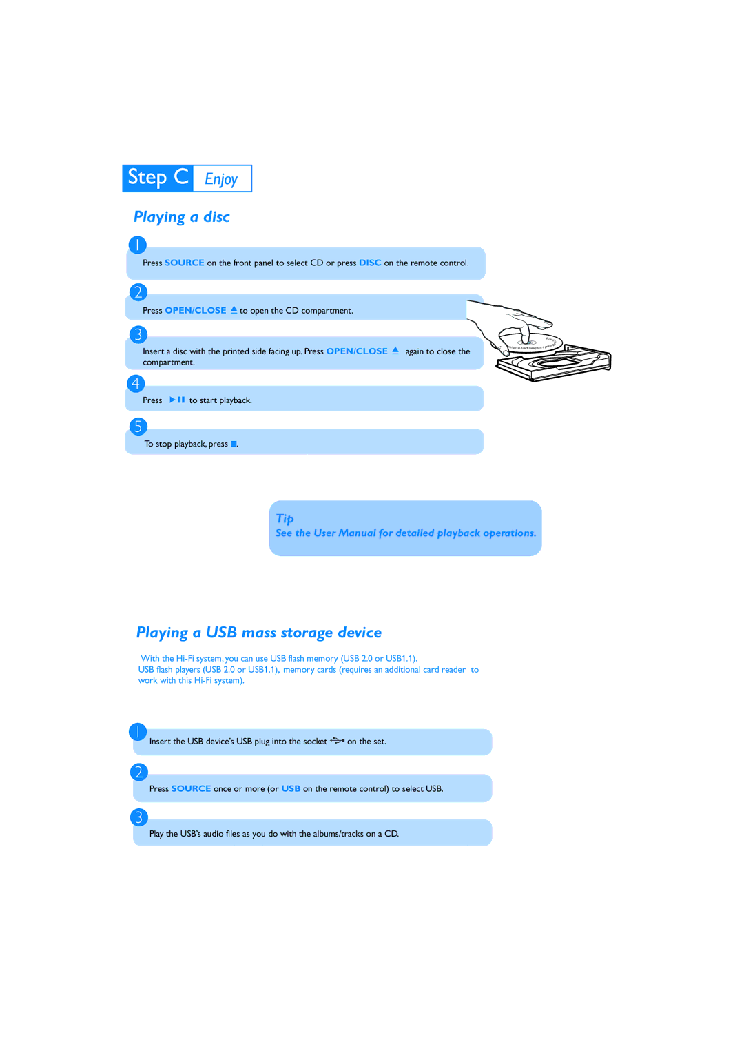 Philips MCB204 quick start Playing a disc, Playing a USB mass storage device 