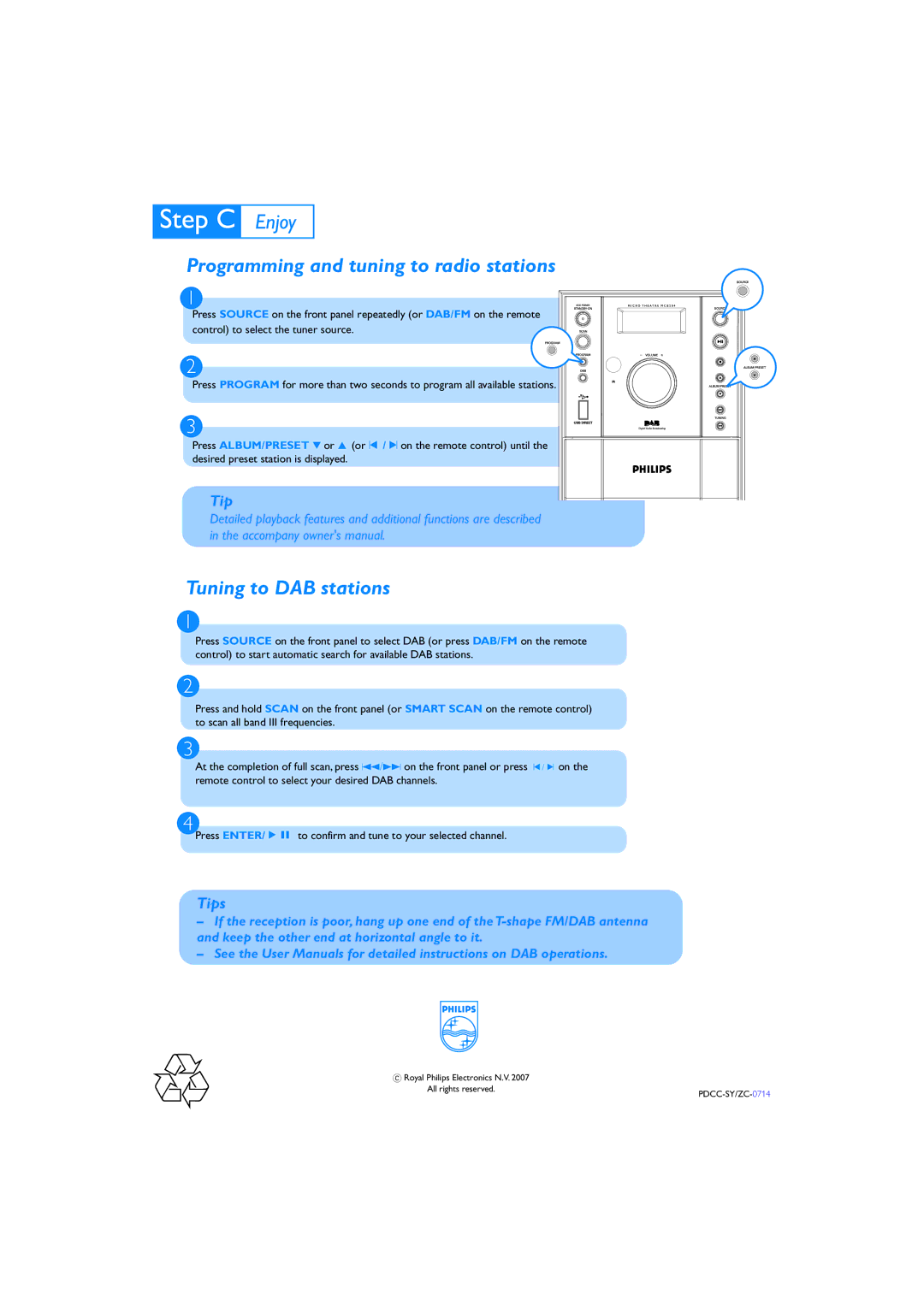 Philips MCB204 quick start Programming and tuning to radio stations, Tuning to DAB stations 