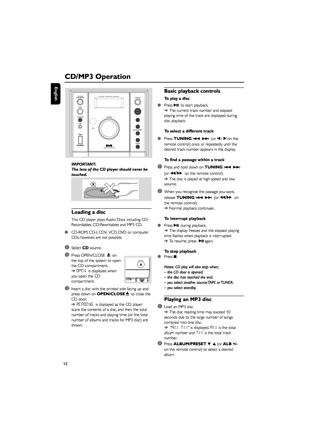 Philips MCB204 user manual CD/MP3 Operation, Loading a disc, Basic playback controls, Playing an MP3 disc, To play a disc 