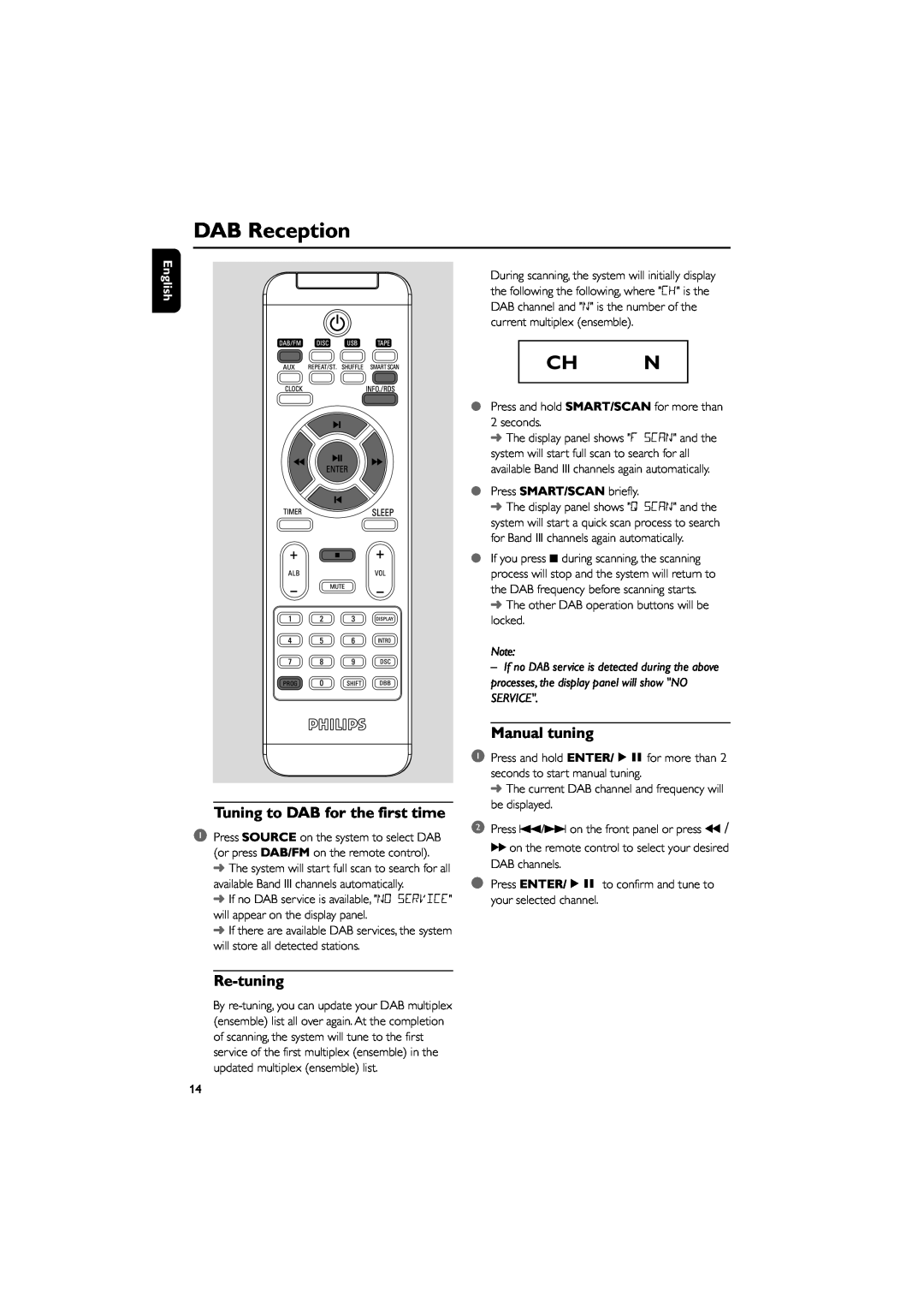 Philips MCB204 user manual DAB Reception, Tuning to DAB for the first time, Re-tuning, Manual tuning, Ch N, English 