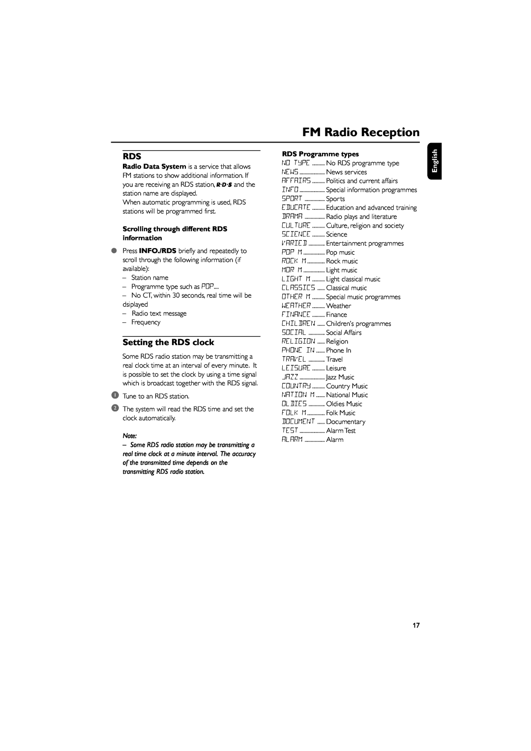 Philips MCB204 Setting the RDS clock, Scrolling through different RDS information, RDS Programme types, FM Radio Reception 