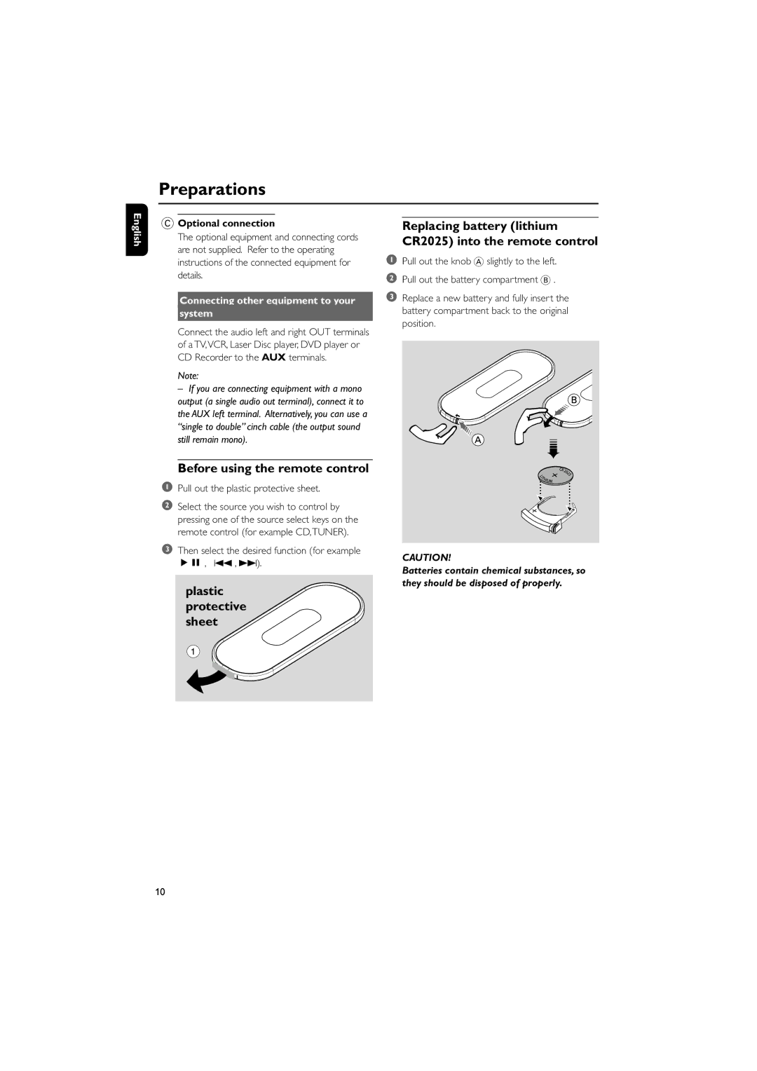 Philips MCB240 user manual Before using the remote control, Optional connection, Connecting other equipment to your System 