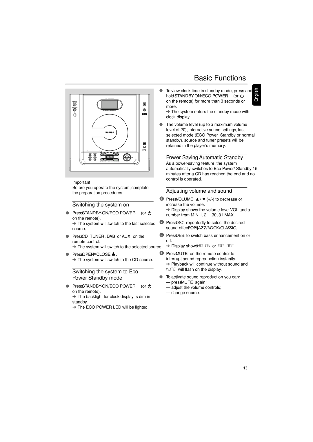 Philips MCB240 user manual Basic Functions, Switching the system on, Switching the system to Eco Power Standby mode 