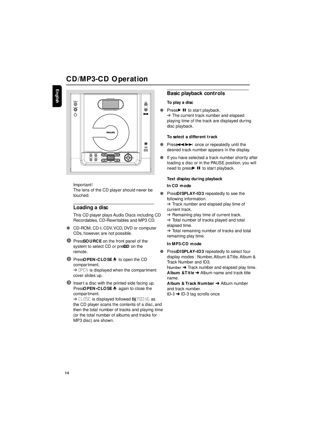 Philips MCB240 user manual CD/MP3-CD Operation, Loading a disc, Basic playback controls 