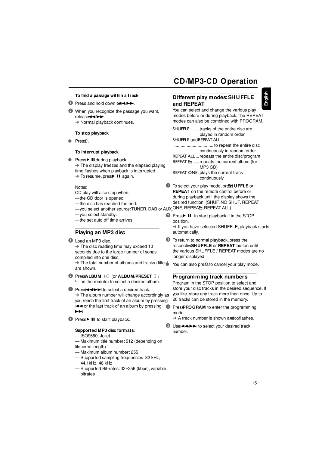 Philips MCB240 user manual Playing an MP3 disc, Different play modes Shuffle and Repeat, Programming track numbers 