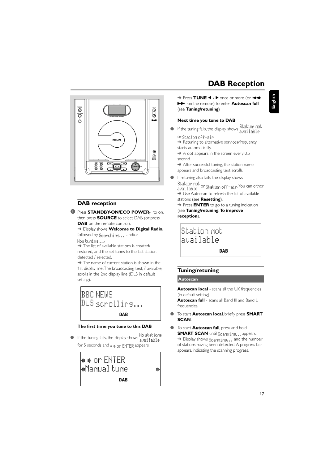 Philips MCB240 user manual DAB Reception, Tuning/retuning, Autoscan 