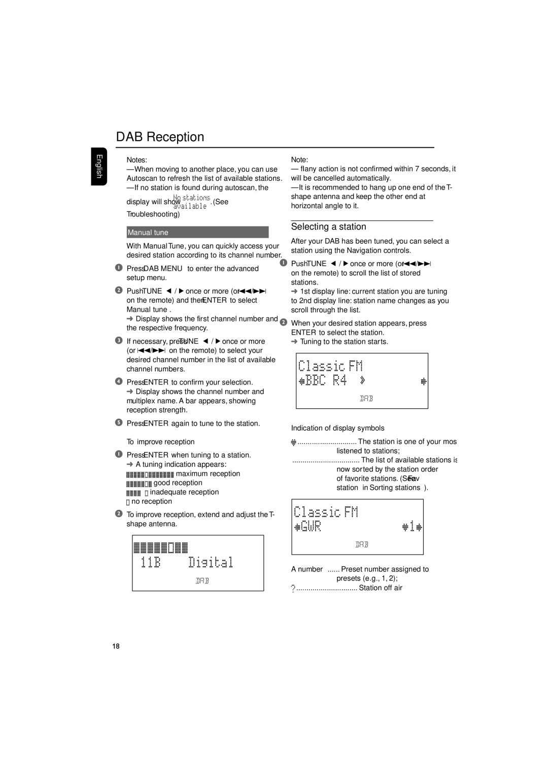 Philips MCB240 user manual Selecting a station, Manual tune, To improve reception, Indication of display symbols 