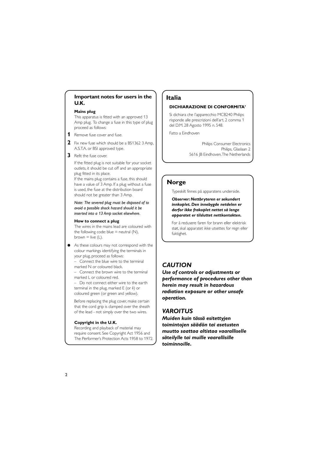 Philips MCB240 user manual Important notes for users in the U.K, Mains plug, How to connect a plug, Copyright in the U.K 