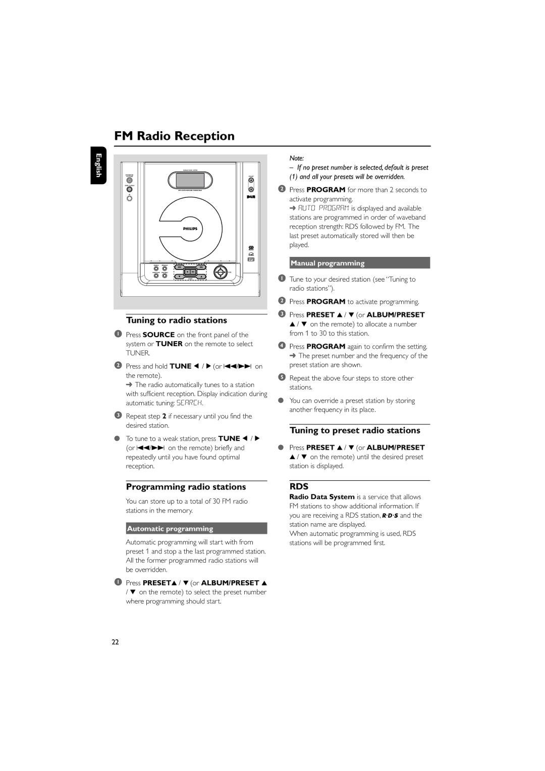 Philips MCB240 FM Radio Reception, Tuning to radio stations, Tuning to preset radio stations, Programming radio stations 